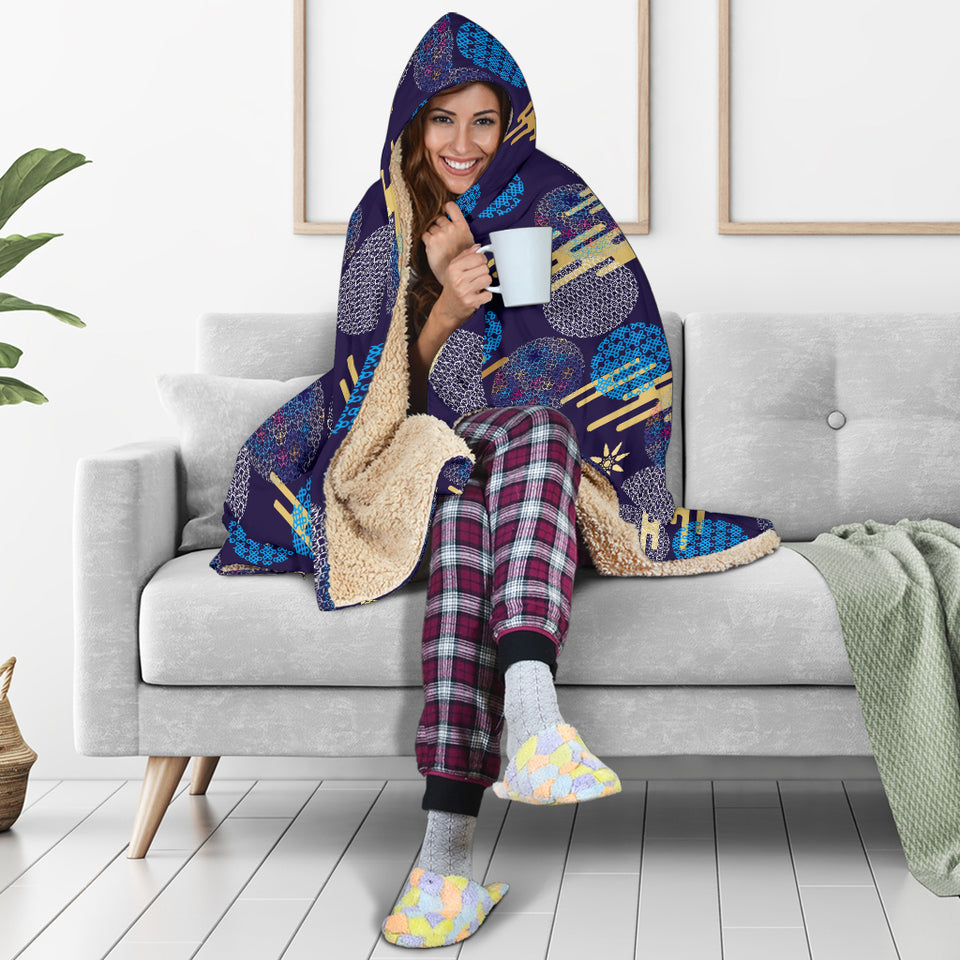 Blue Japanese Pattern Cloud Wave Flower Hooded Blanket