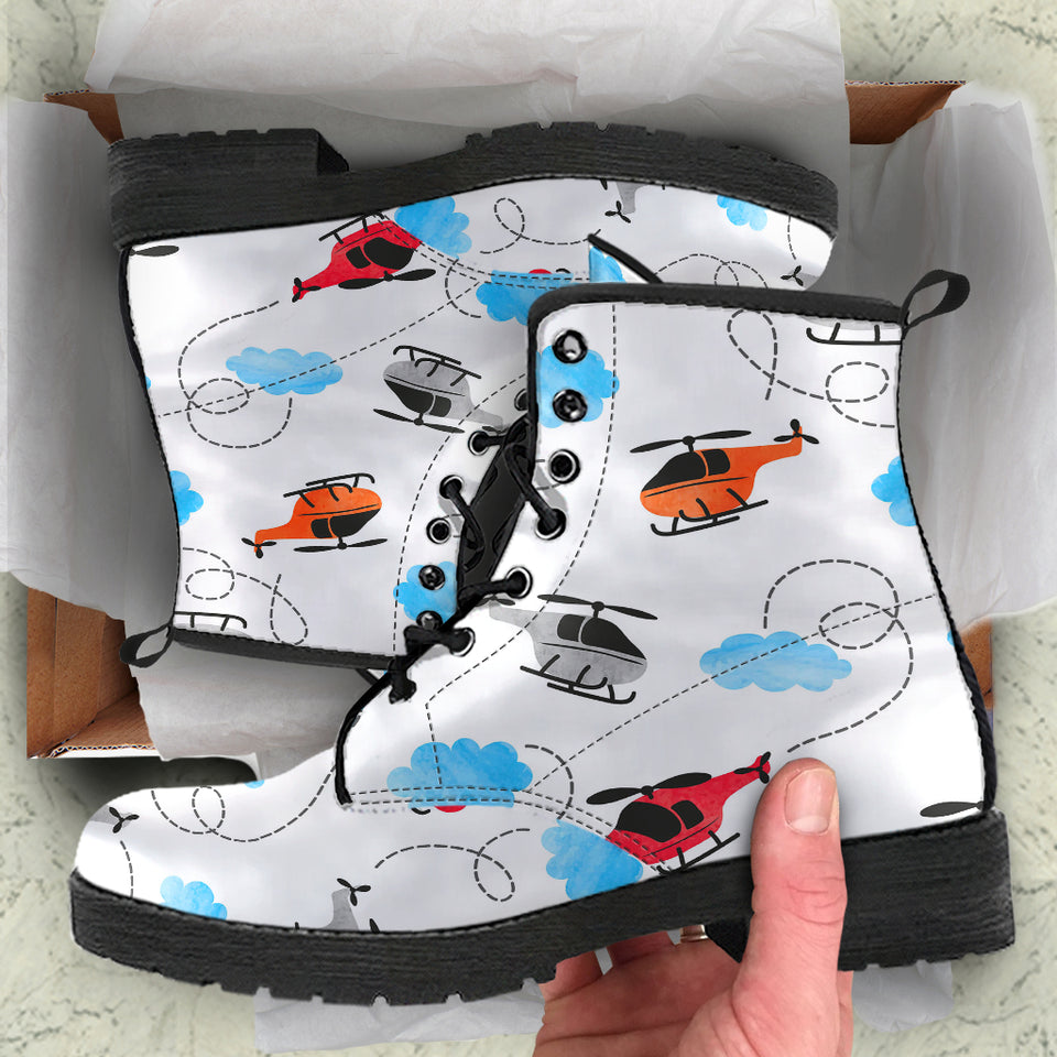 Watercolor Helicopter Cloud Pattern Leather Boots