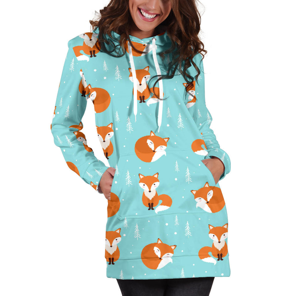 Fox Pattern Blue B Ackground Women'S Hoodie Dress