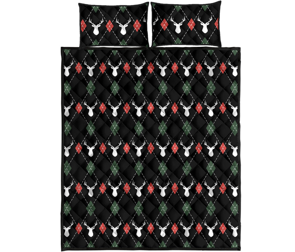 Deer Christmas new year pattern argyle Quilt Bed Set