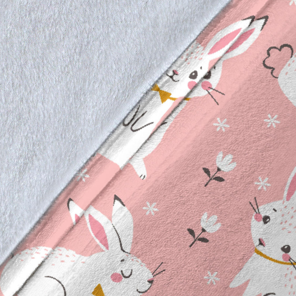 Cute White Rabbit Flower Pink Background Premium Blanket