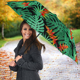 Heliconia Flower Palm Monstera Leaves Black Background Umbrella