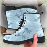 Dragonfly Pattern Blue Background Leather Boots