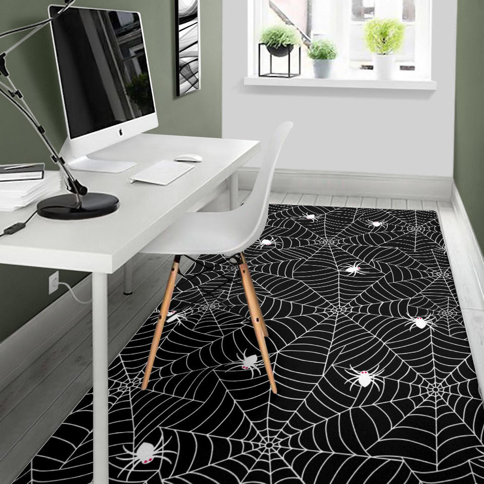 Spider Web Design Pattern Black Background White Cobweb Area Rug