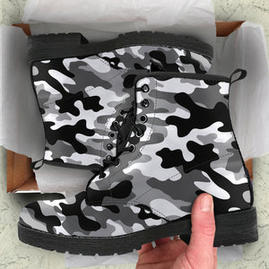 Black White Camo Camouflage Pattern Leather Boots