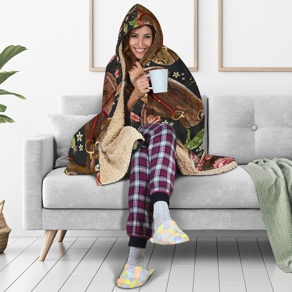 Horse Head Wild Roses Pattern Hooded Blanket