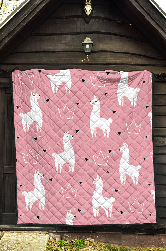 Llama Alpaca Pink Background Premium Quilt