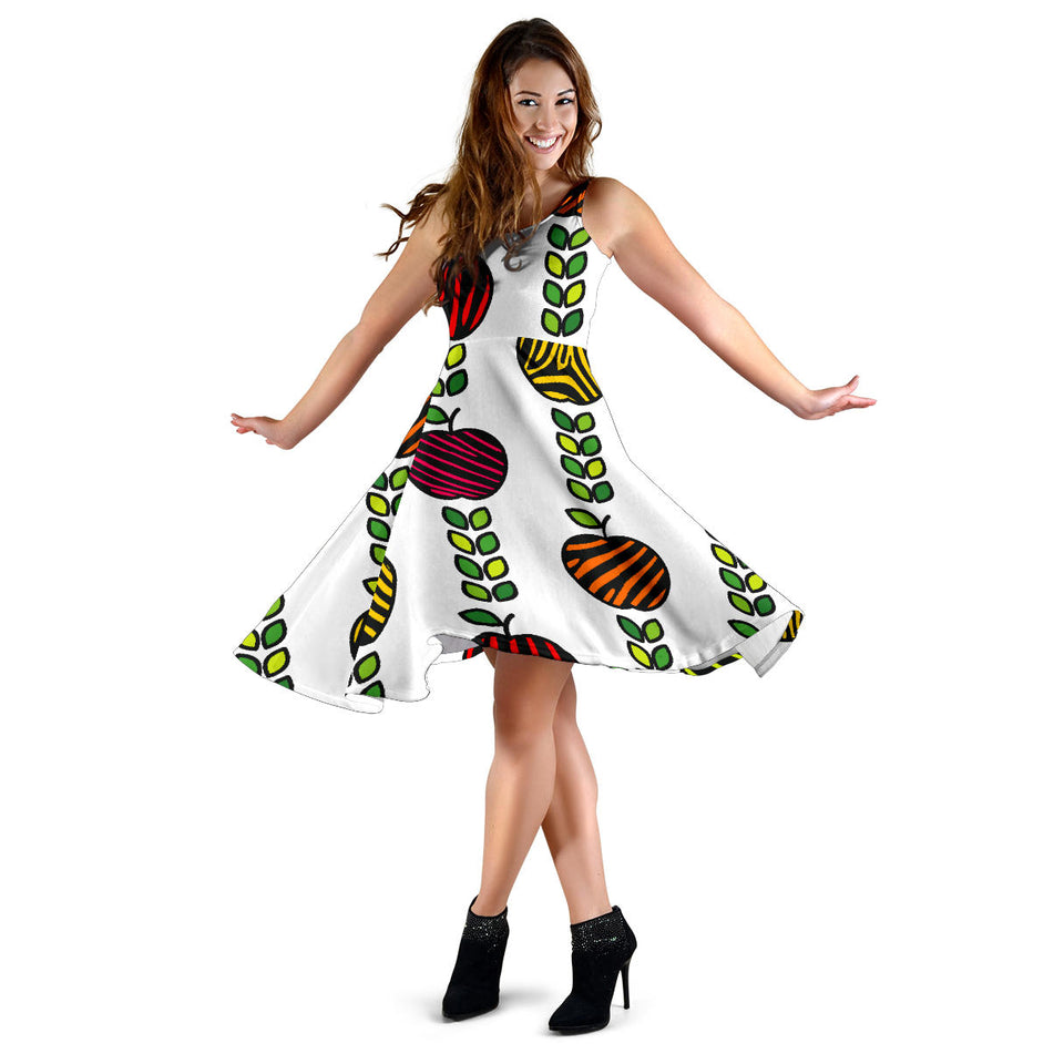 Colorful Apples Leave Zebra Stripe Sleeveless Midi Dress