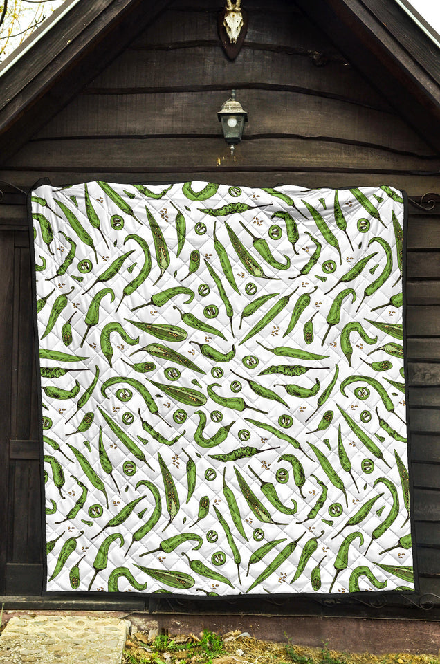 Hand Drawn Sketch Style Green Chili Peppers Pattern Premium Quilt