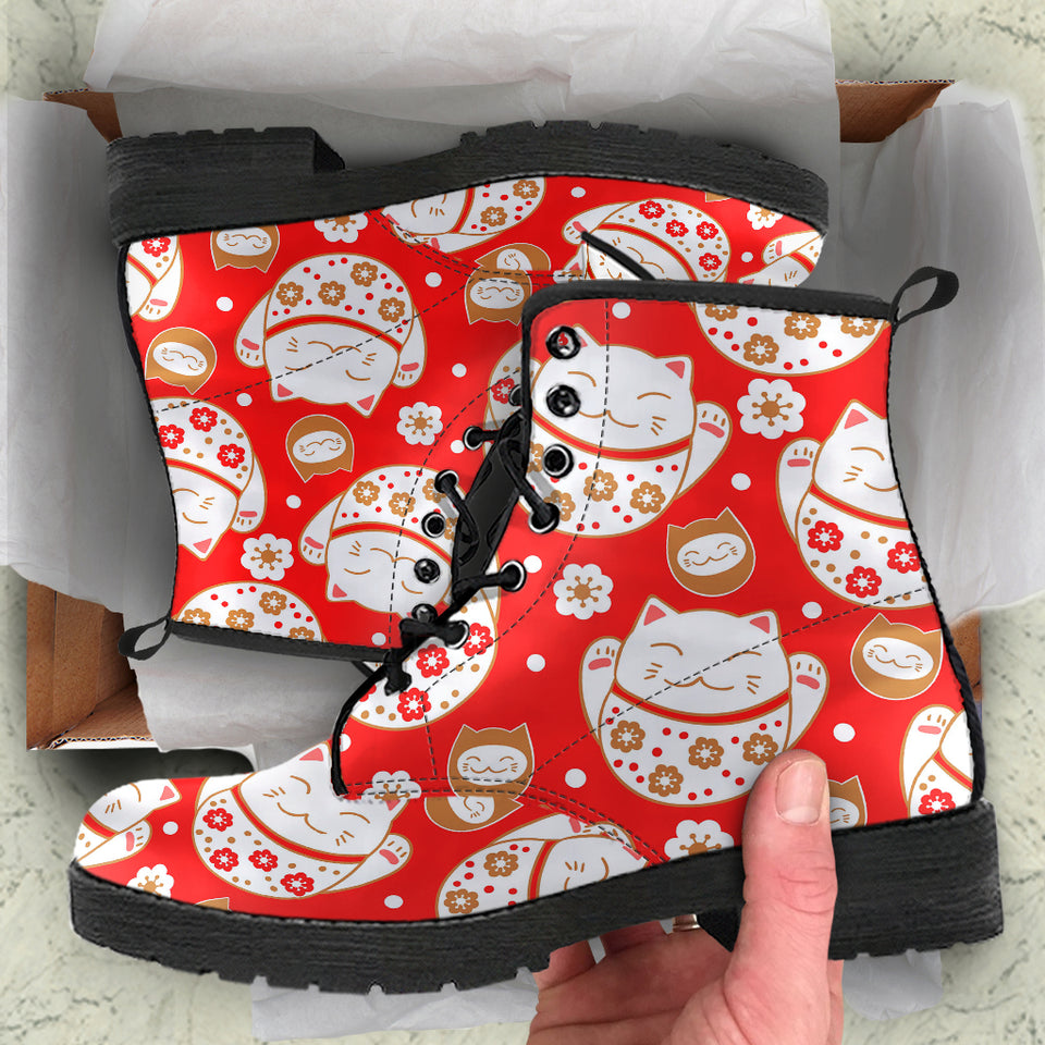 Cute Maneki Neko Lucky Cat Red Background Leather Boots