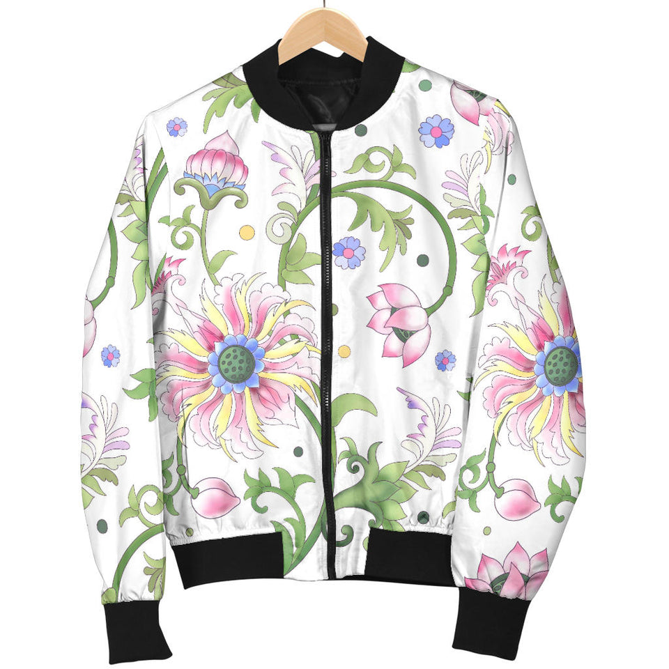 Beautiful Pink Lotus Waterlily Leaves Pattern Women'S Bomber Jacket