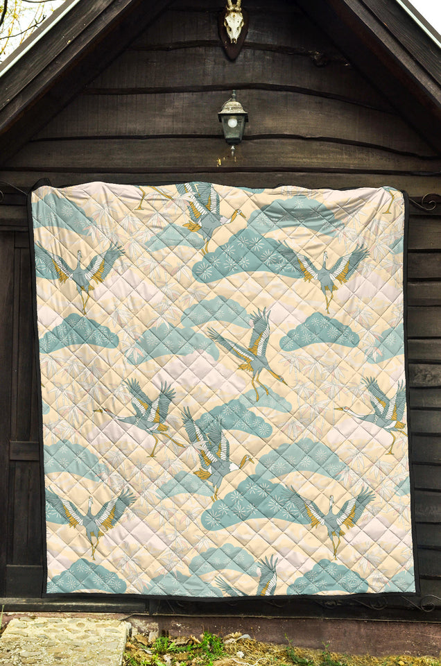 Bonsai Bamboo Stork Japanese Pattern Cream Theme Premium Quilt