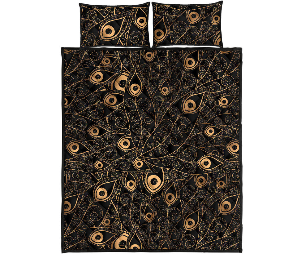 Gold peacock feather pattern Quilt Bed Set