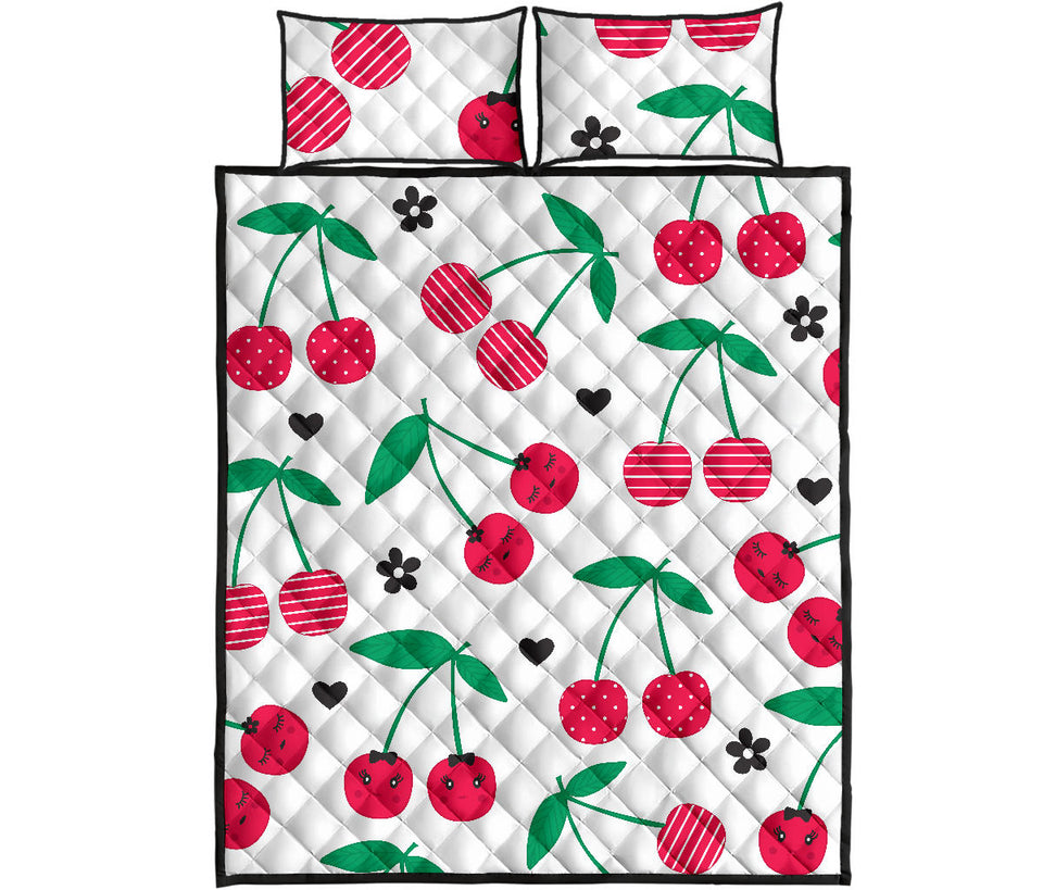 cherry pattern white background Quilt Bed Set