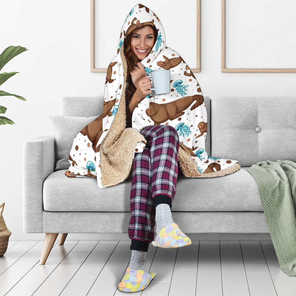 Sea Lion Seals Jellyfish Pattern Hooded Blanket