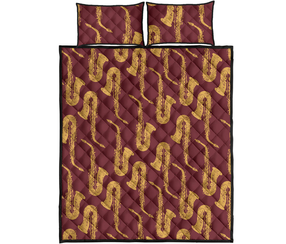 Hand drawn gold saxophone red background  Quilt Bed Set