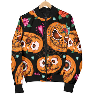 Pumpkin Flowers Spiderweb Halloween Theme Women'S Bomber Jacket
