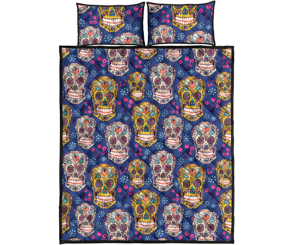 Sugar skull flower pattern Quilt Bed Set