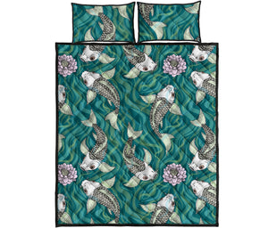 Koi Fish Carp Fish lotus pattern Quilt Bed Set