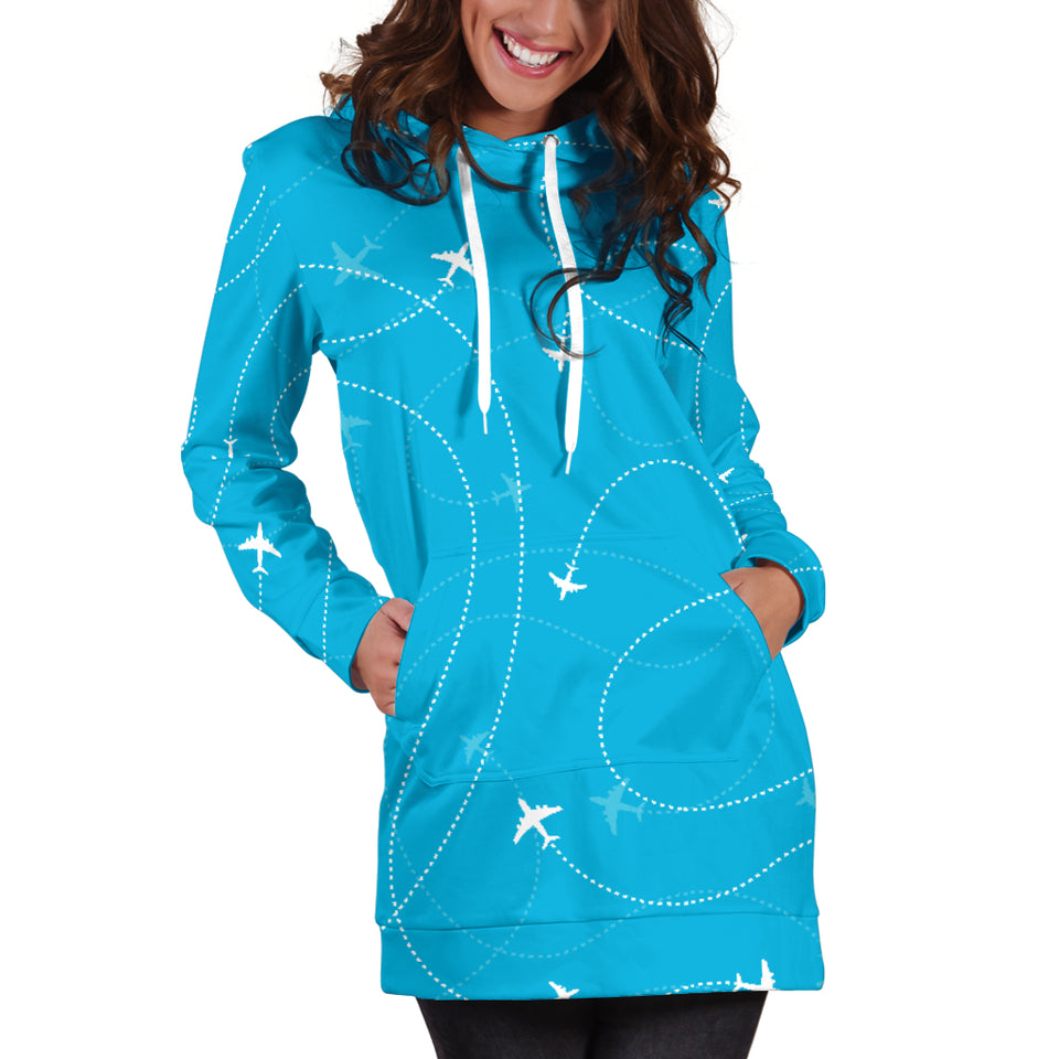 Airplane Destinations Blue Background Women'S Hoodie Dress