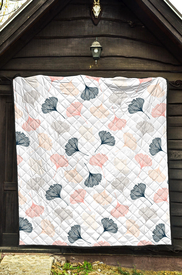 Black Gray Cream Coral Ginkgo Leaves Pattern Premium Quilt