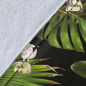 White Orchid Flower Tropical Leaves Pattern Blackground Premium Blanket