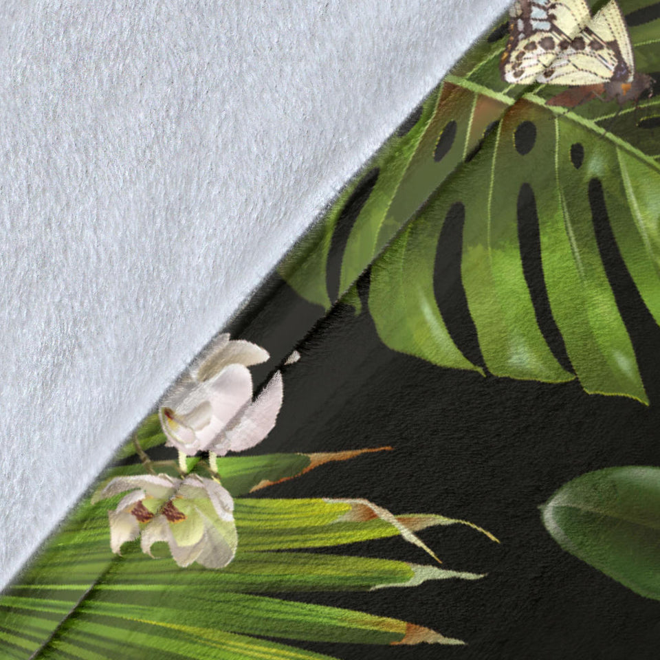 White Orchid Flower Tropical Leaves Pattern Blackground Premium Blanket