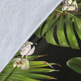 White Orchid Flower Tropical Leaves Pattern Blackground Premium Blanket