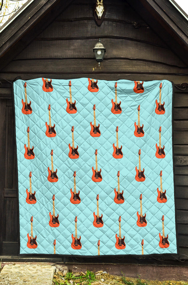 Electric Guitar Pattern Light Blue Background Premium Quilt