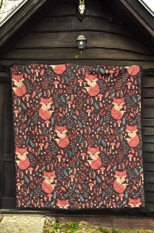Fox Leaves Mushroom Pattern Premium Quilt