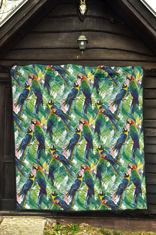 Colorful Parrot Exotic Flower Leaves Premium Quilt
