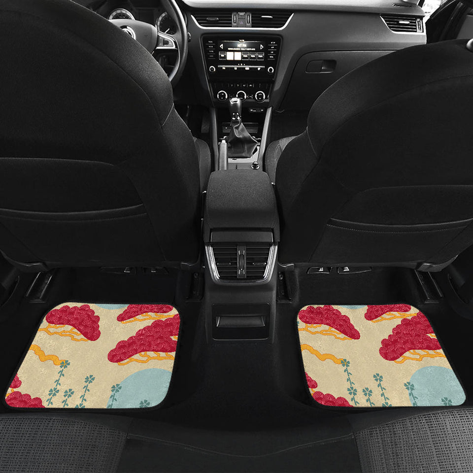 Red Bonsai Gray Sun Japanese Pattern Front And Back Car Mats