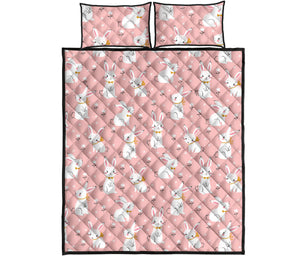 Cute white rabbit flower pink background Quilt Bed Set
