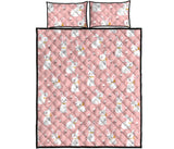 Cute white rabbit flower pink background Quilt Bed Set