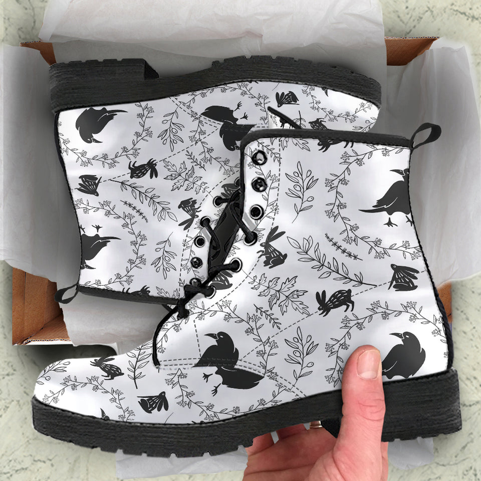 Crows Floral Wreath Rabbit Pattern Leather Boots