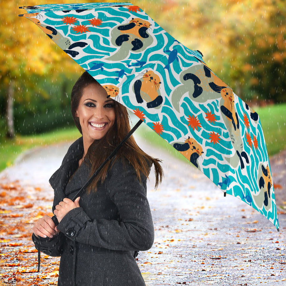 Cute Sea Otters Fishe Sea Urchin Pattern Umbrella