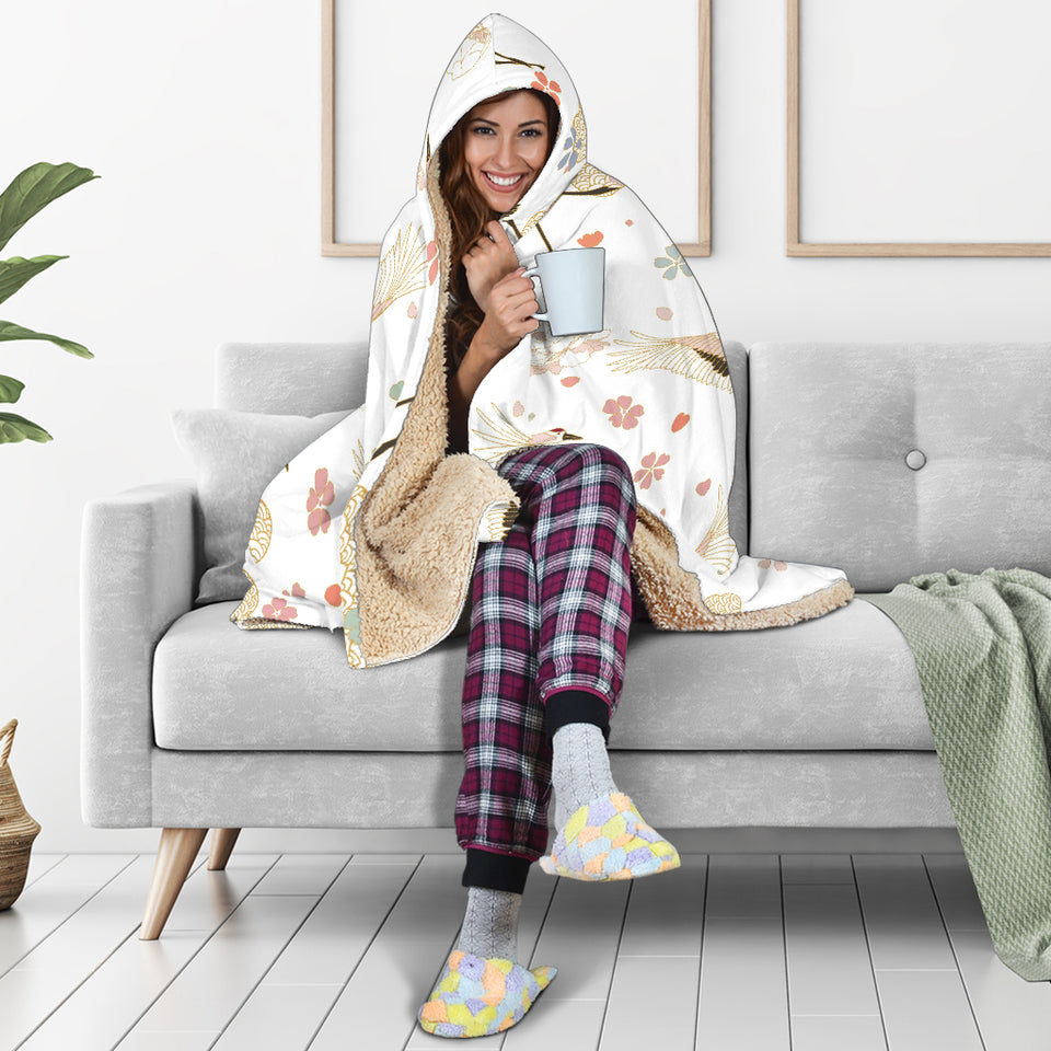 Beautiful Japanese Cranes Pattern Hooded Blanket