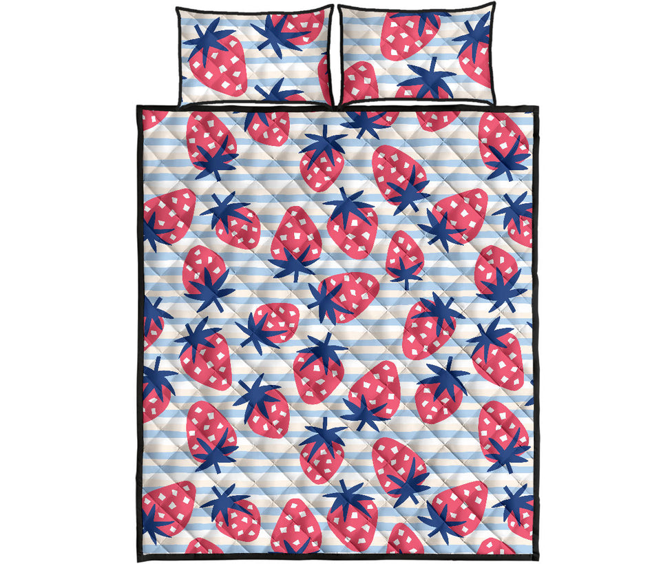 Strawberry pattern blue lines background Quilt Bed Set