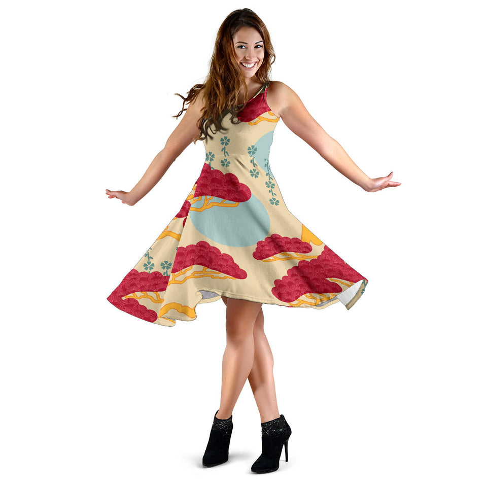 Red Bonsai Gray Sun Japanese Pattern Sleeveless Midi Dress