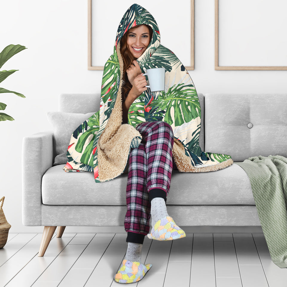 Heliconia Flowers, Palm And Monstera Leaves Hooded Blanket