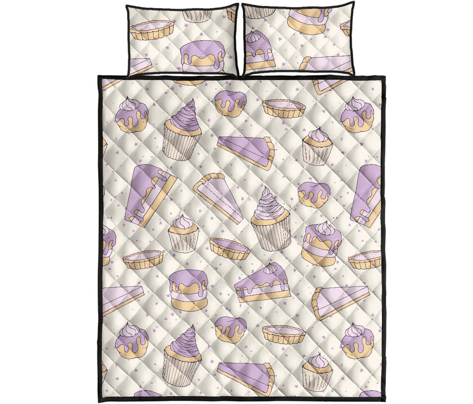 Cakes pies tarts muffins and eclairs purple blueberry topping pattern Quilt Bed Set
