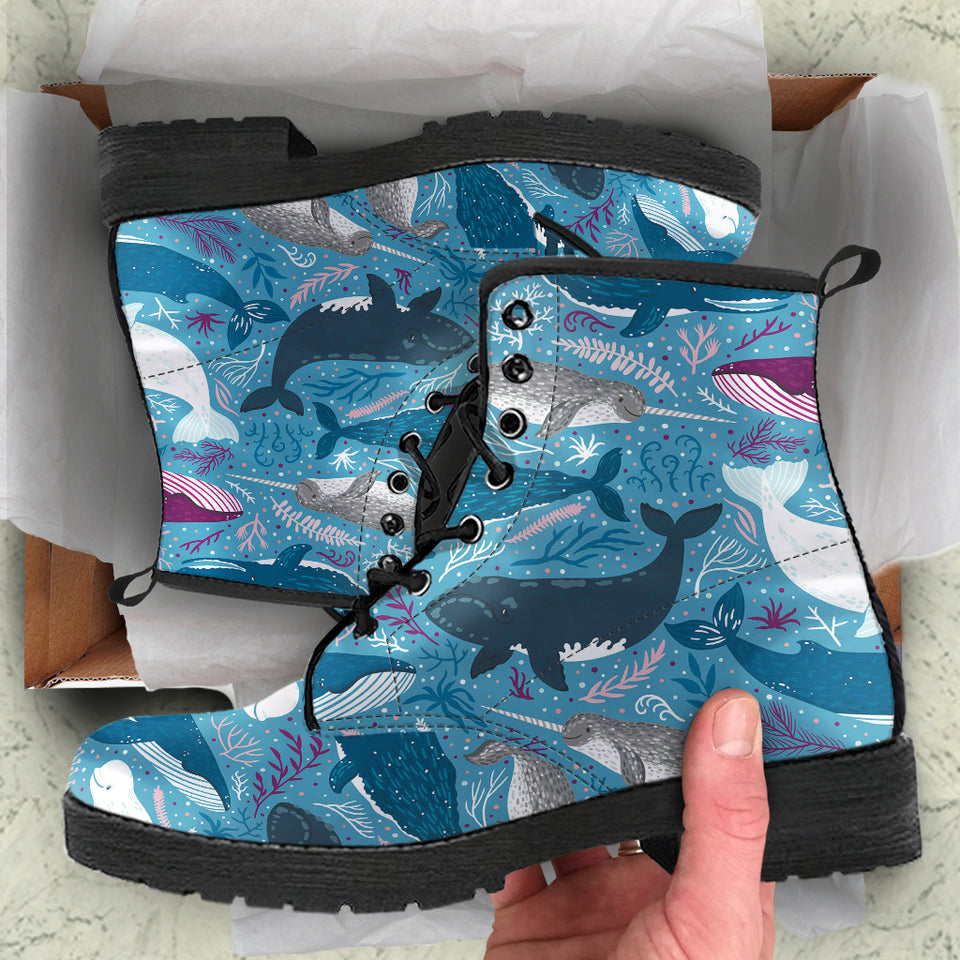 Whale Design Pattern Leather Boots