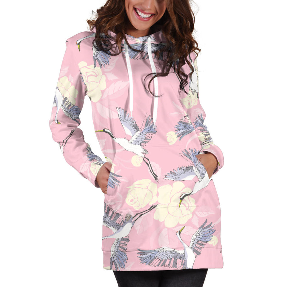 Japanese Crane Rose Pattern Women'S Hoodie Dress