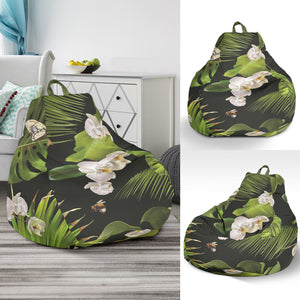 White Orchid Flower Tropical Leaves Pattern Blackground Bean Bag Cover