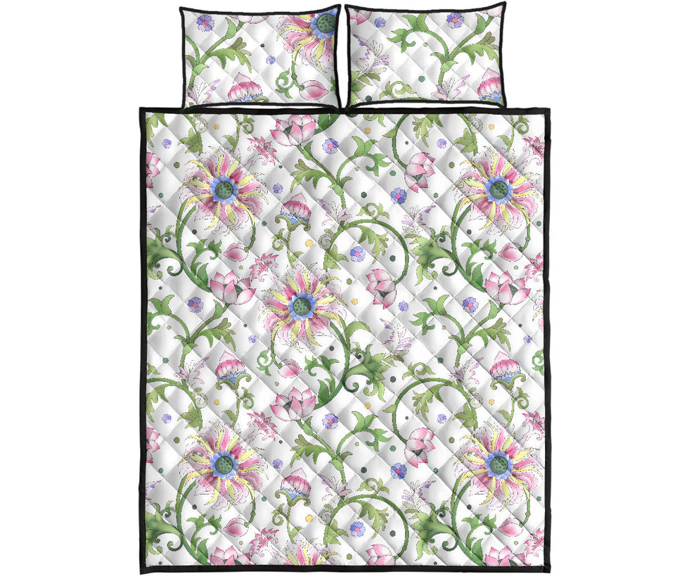 Beautiful pink lotus waterlily leaves pattern Quilt Bed Set