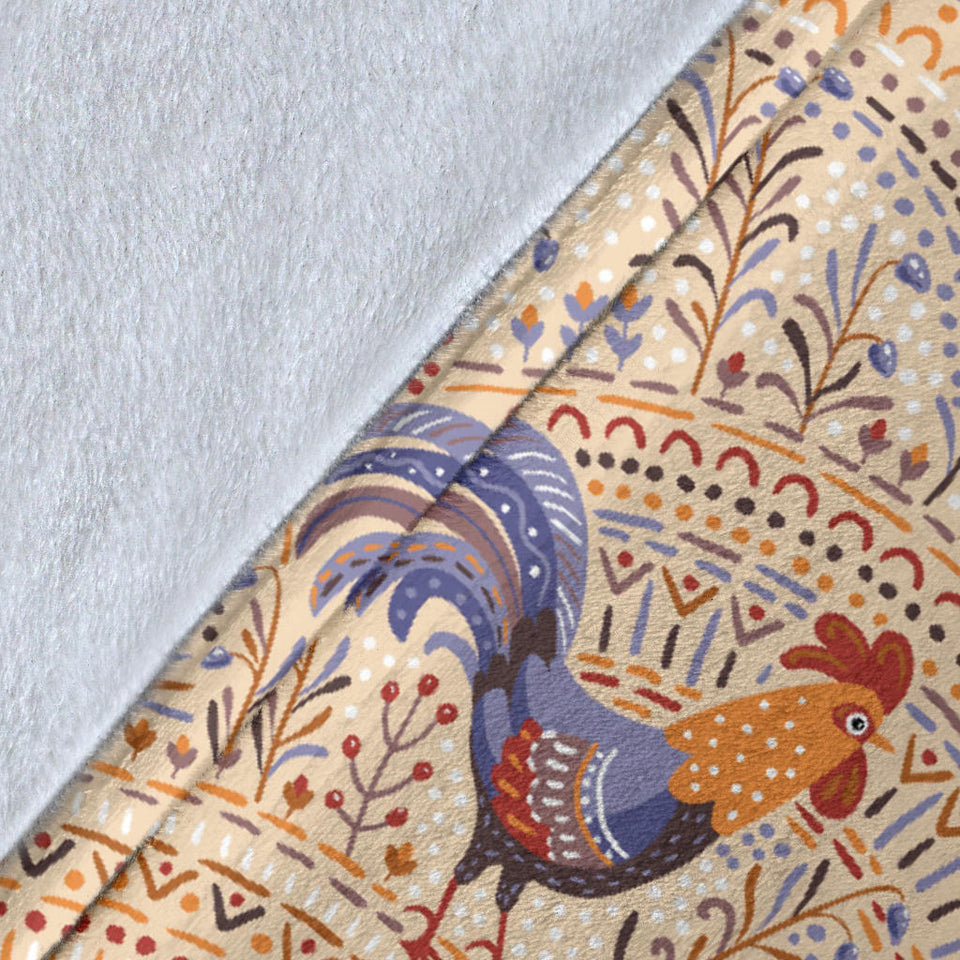 Cute Rooster Chicken Cock Floral Ornament Background Premium Blanket