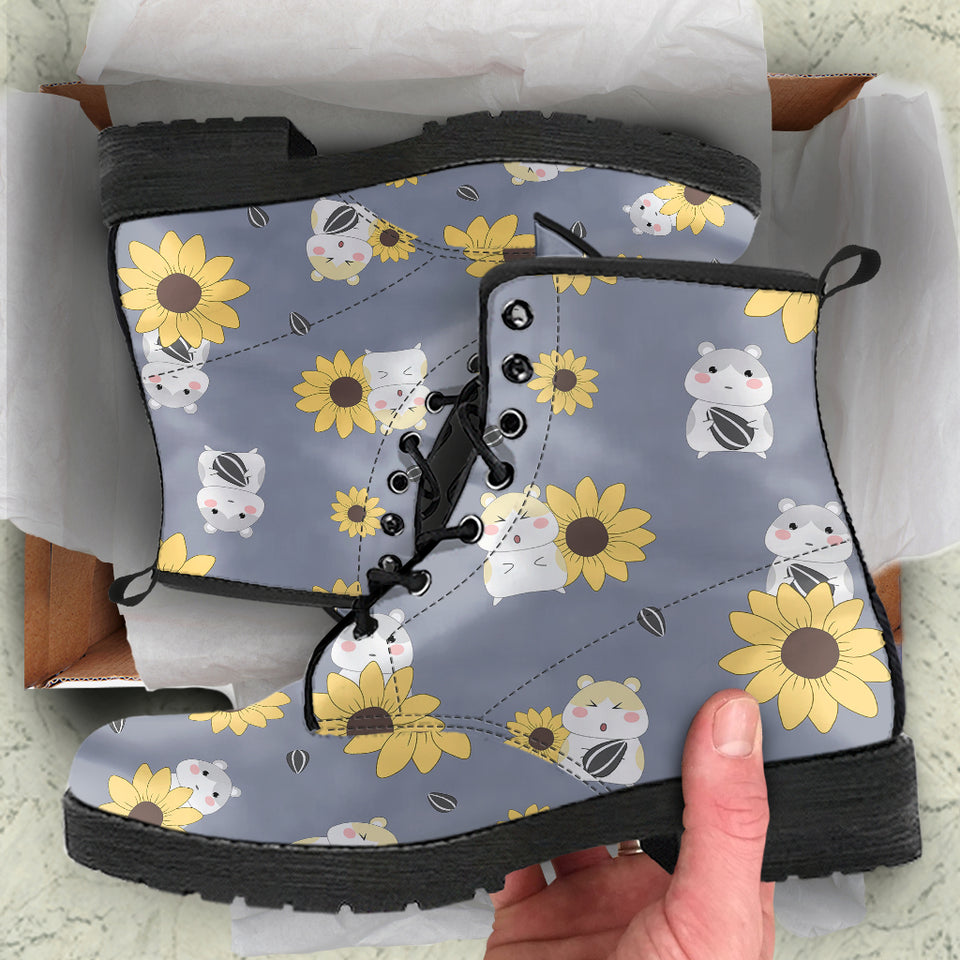 Cute Hamster Sunflower Pattern Background Leather Boots