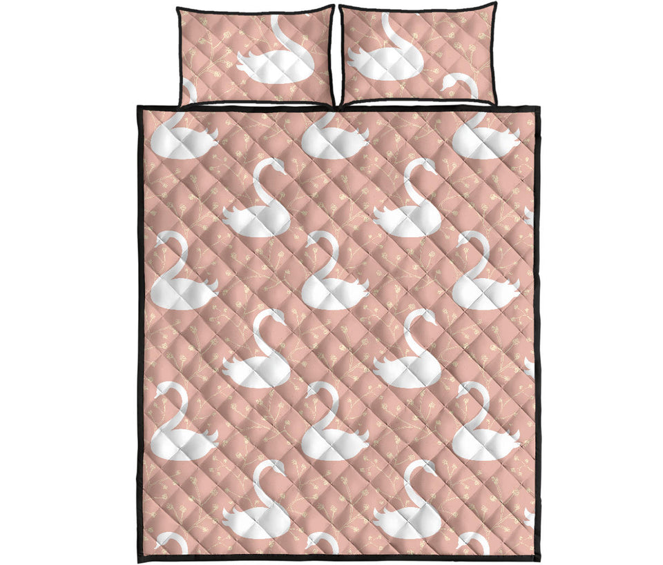 Swan flower light pink background Quilt Bed Set