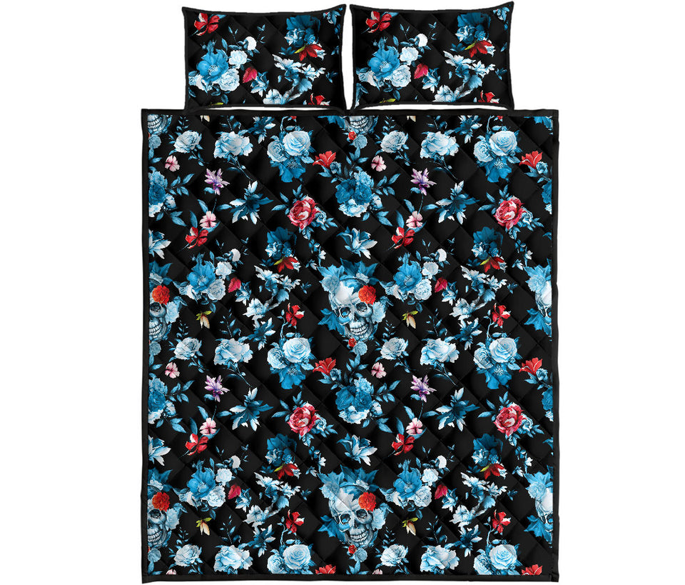 Skull flower roses leave pattern Quilt Bed Set