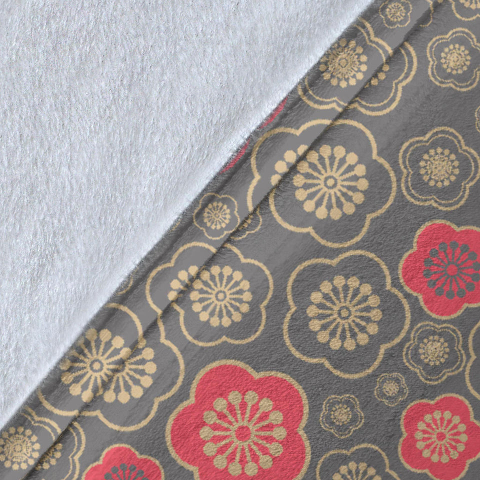 Red Gold Sakura Cherry Blossom Gray Background Premium Blanket